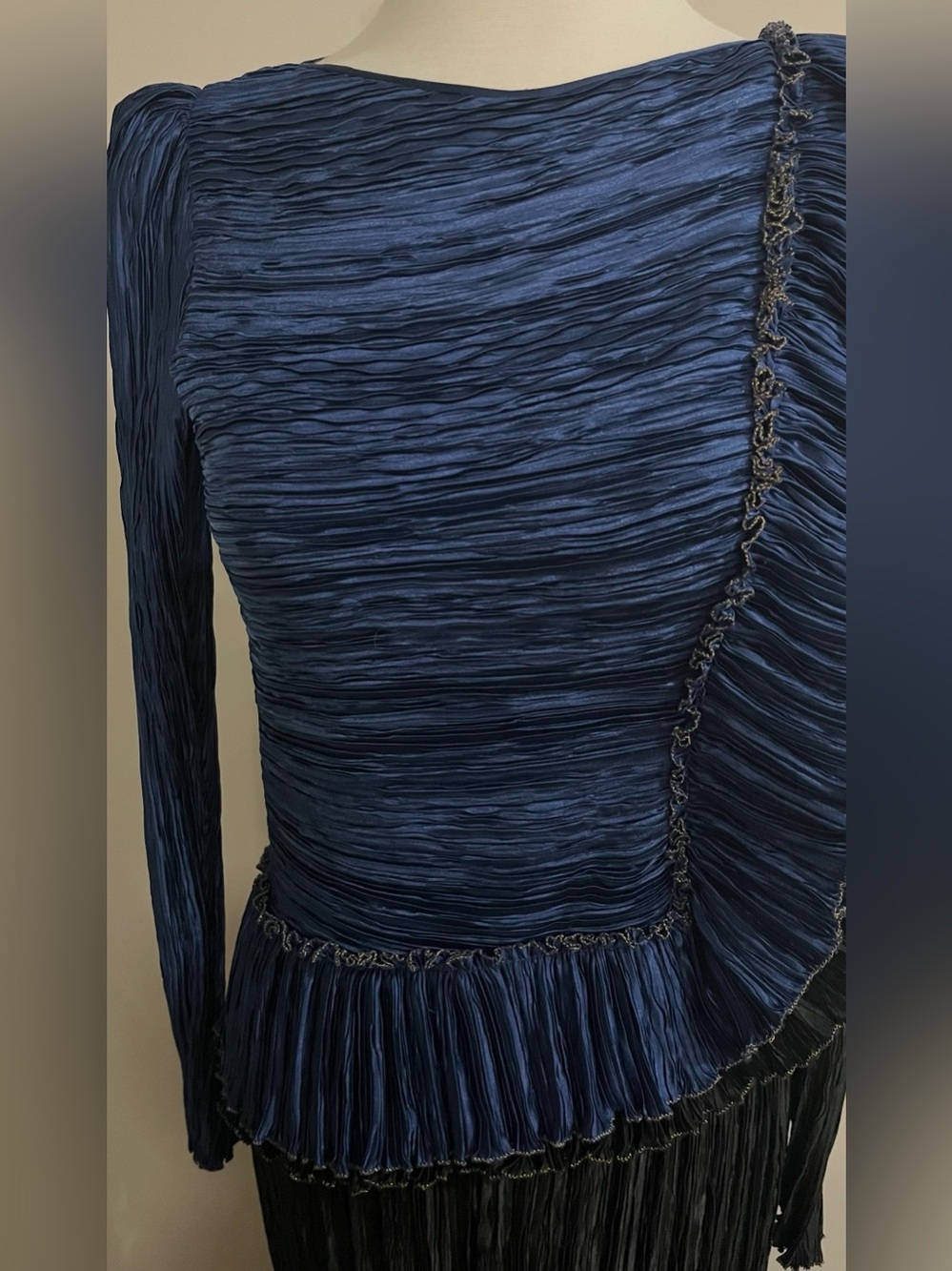 Mary McFadden Vintage 80s Pleated Gown Size 8 Medium M Blue Black Plisse - Picture 5 of 16
